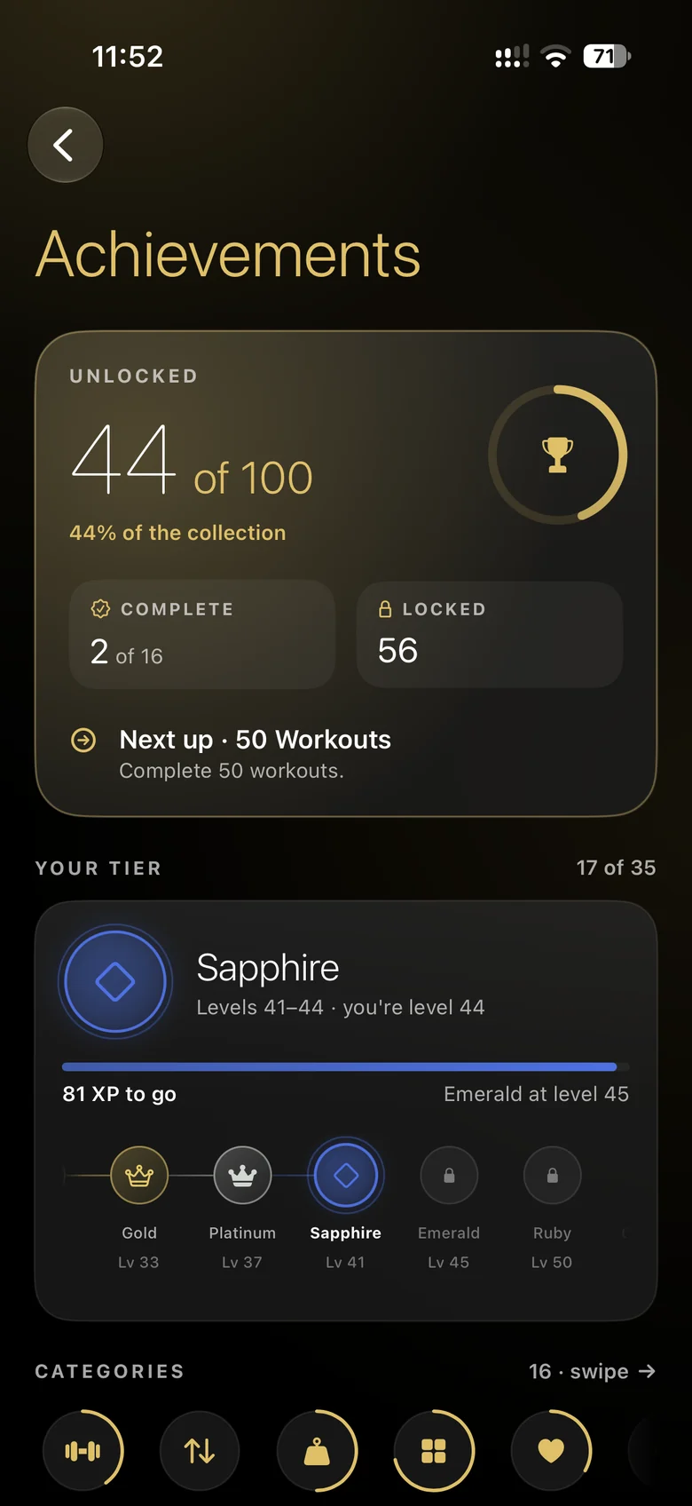 Ritual achievements: 44 of 100 unlocked, tier Sapphire at level 44, with the next tiers