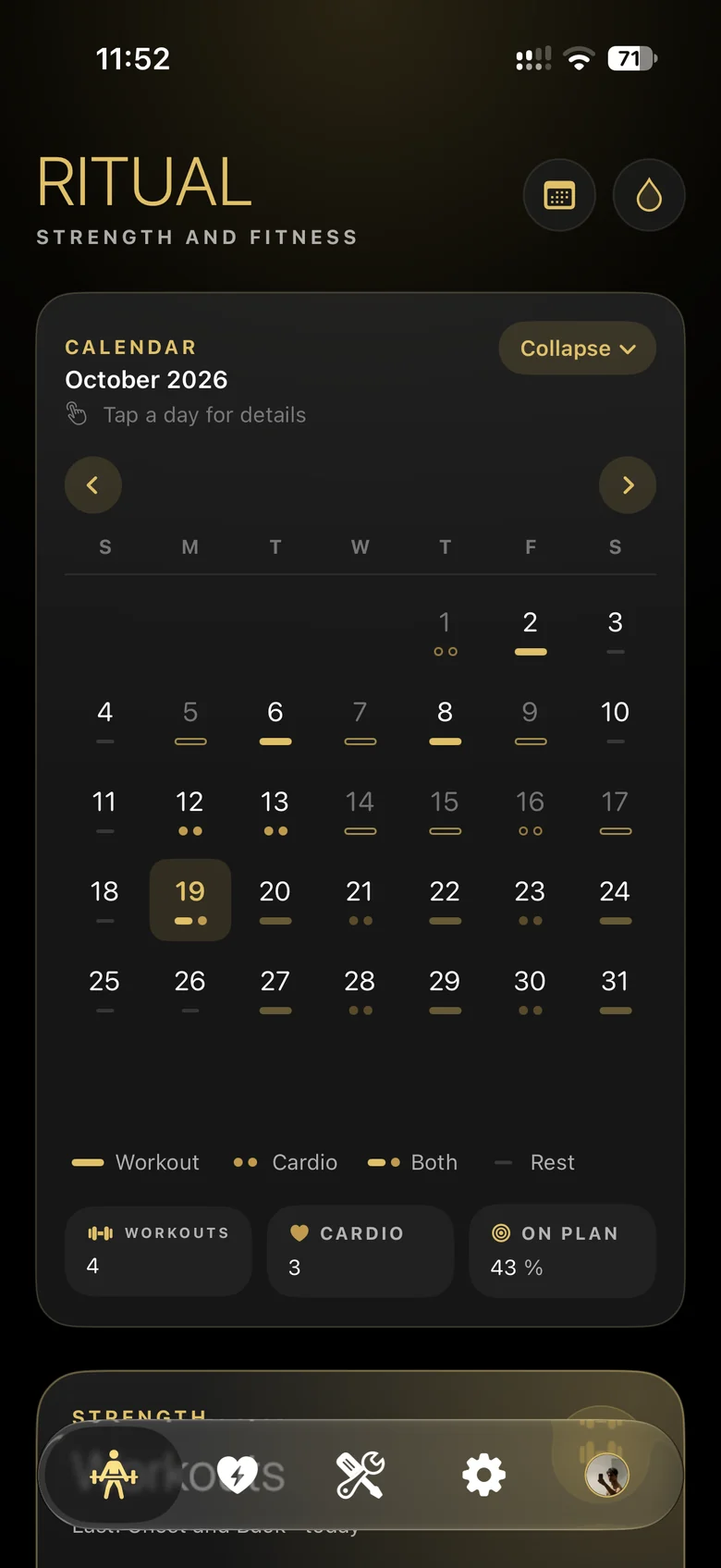 The Ritual calendar with workouts, cardio and rest days
