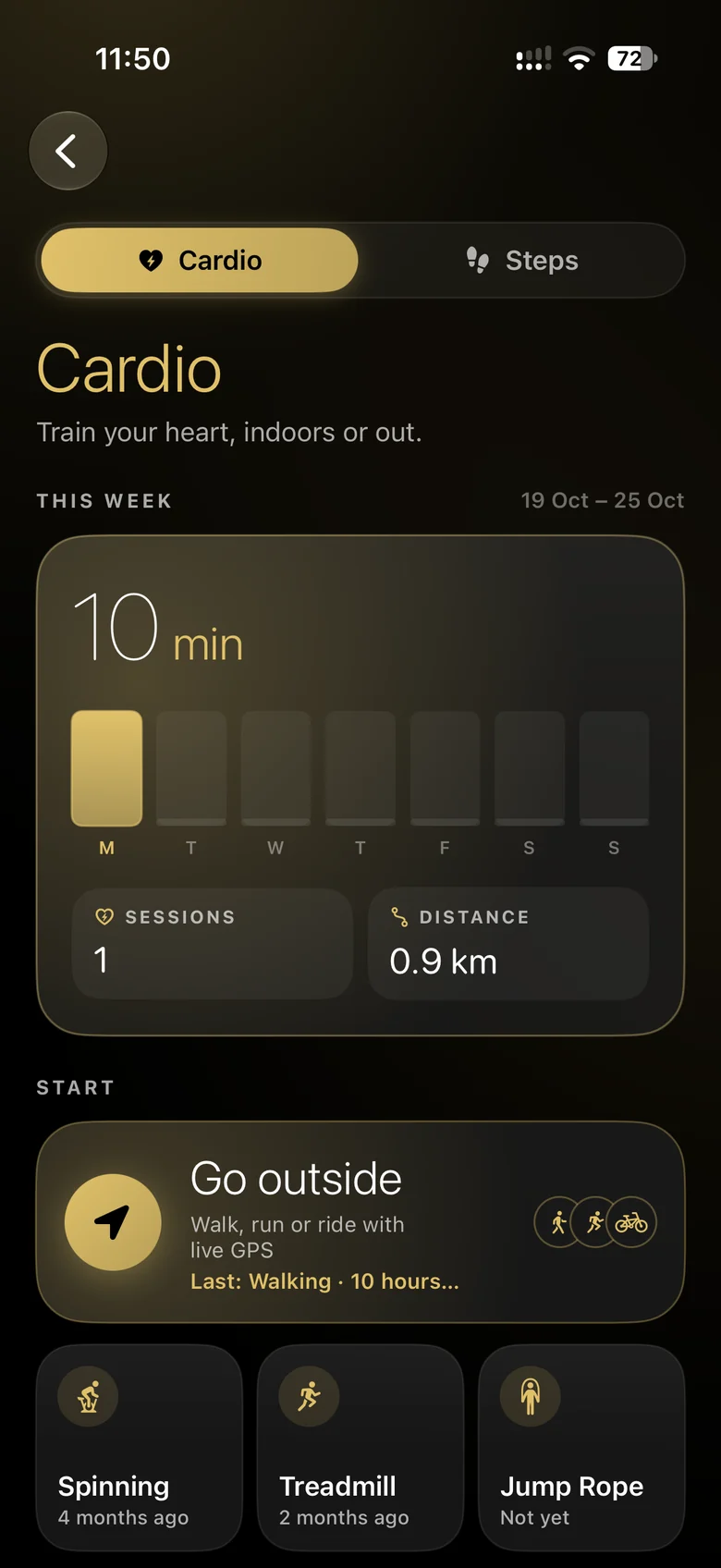 The Ritual Cardio page: 10 minutes this week, Go outside with live GPS, and Spinning, Treadmill and Jump Rope