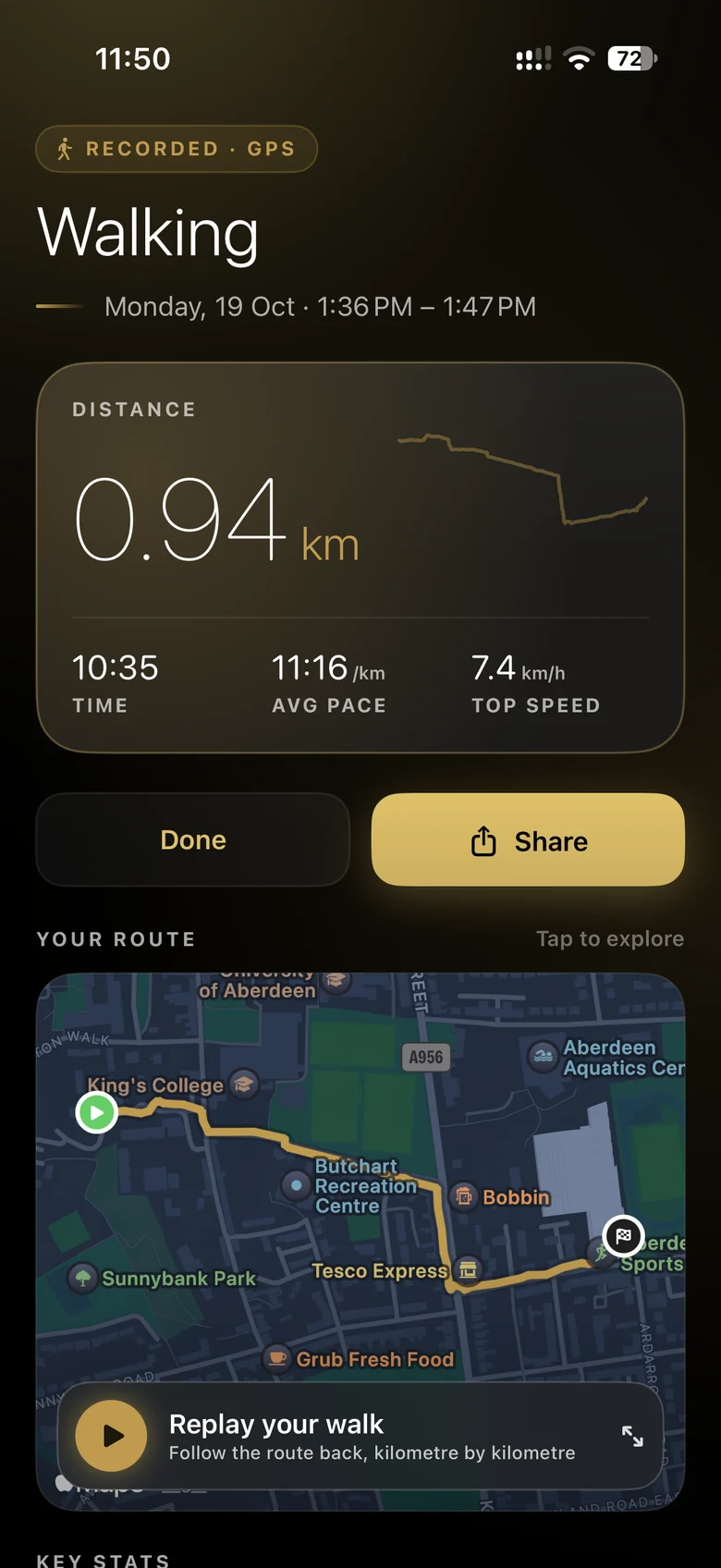 A Ritual walking summary: 0.94 km with the route on a map and a Replay your walk button