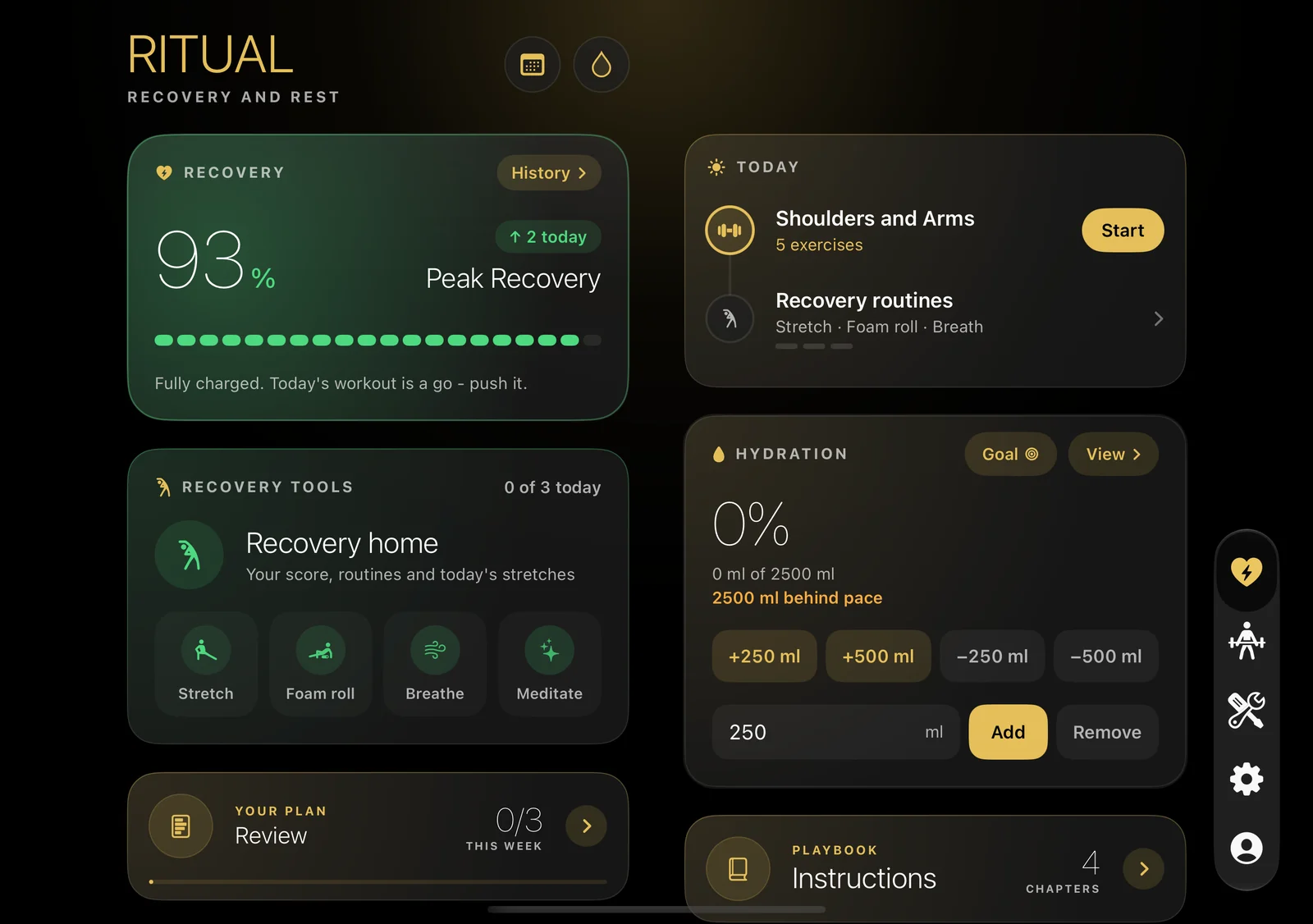 Ritual Recovery home on iPhone Duo held sideways: recovery 93 percent, recovery tools, today and hydration