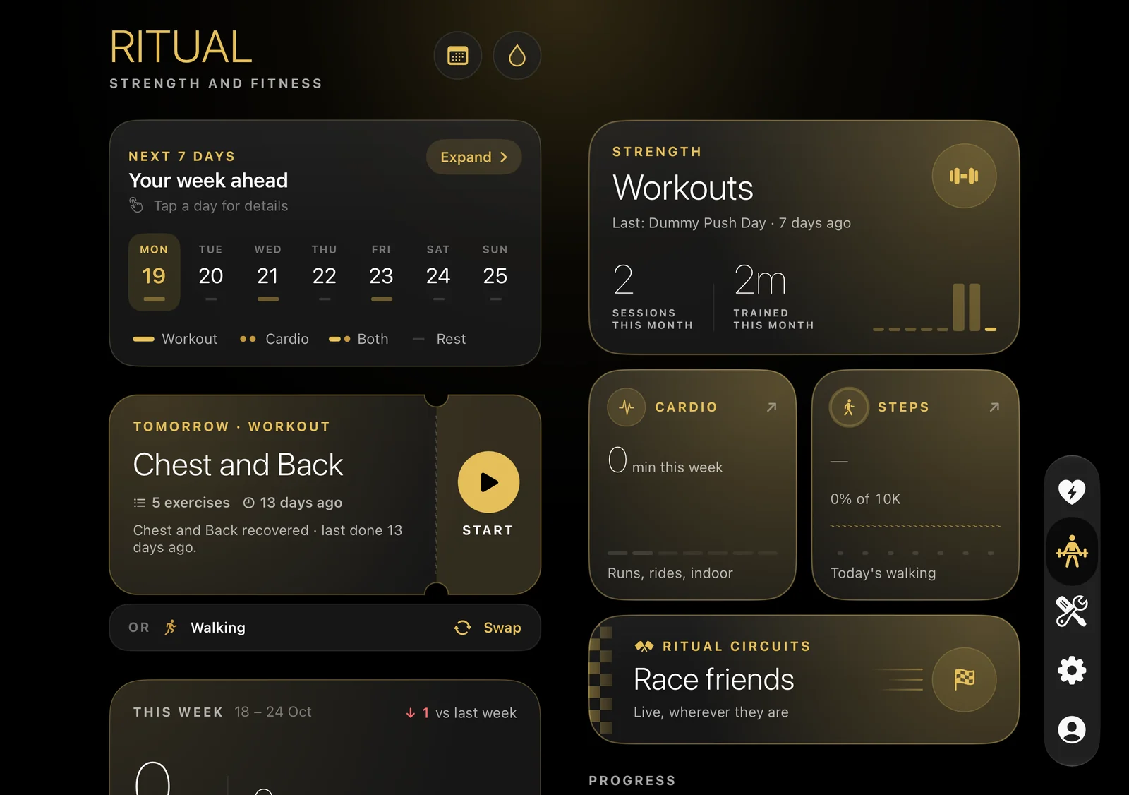 Ritual Fitness home on iPhone Duo held sideways: week ahead, Up next, workouts, cardio, steps and Circuits