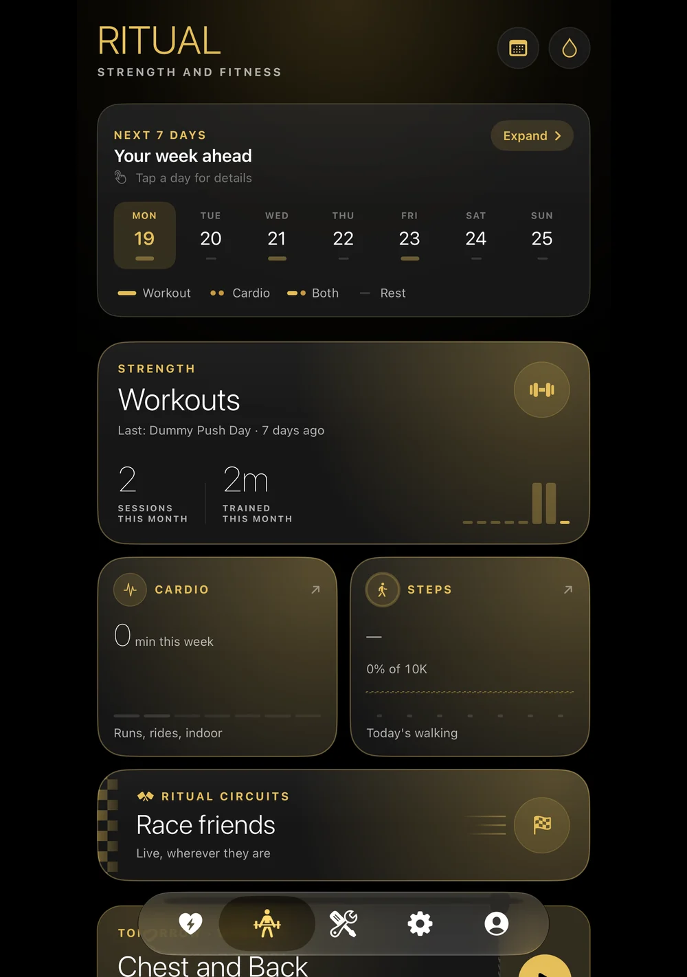 Ritual Fitness home on iPhone Duo held upright in a wider centred column