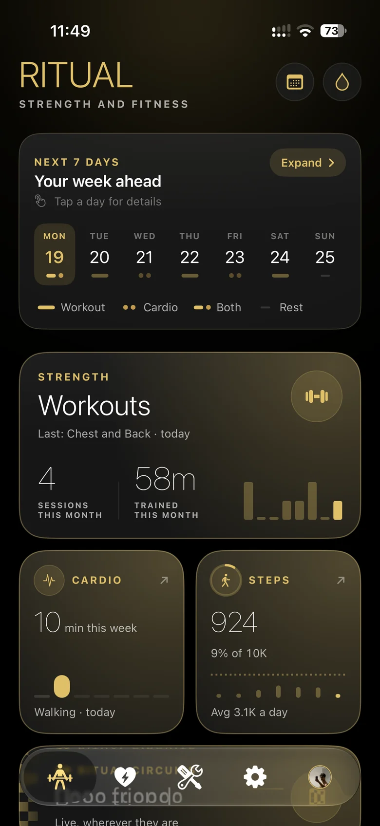 The Ritual Fitness home: your week ahead, workouts this month, cardio and steps