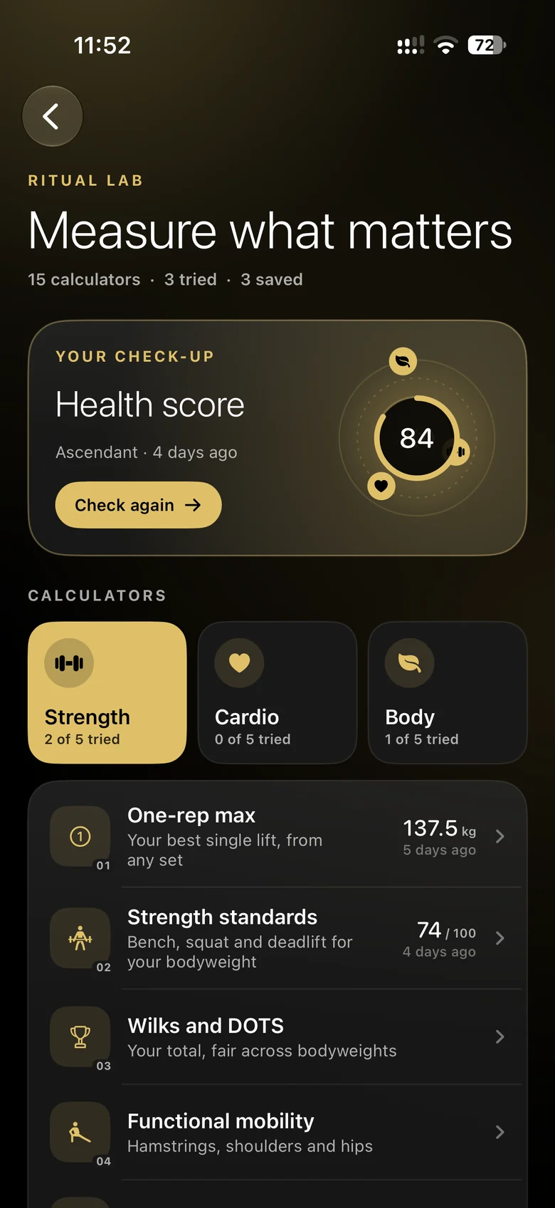 Ritual Lab: 15 calculators, your Health Score check-up and the strength calculators