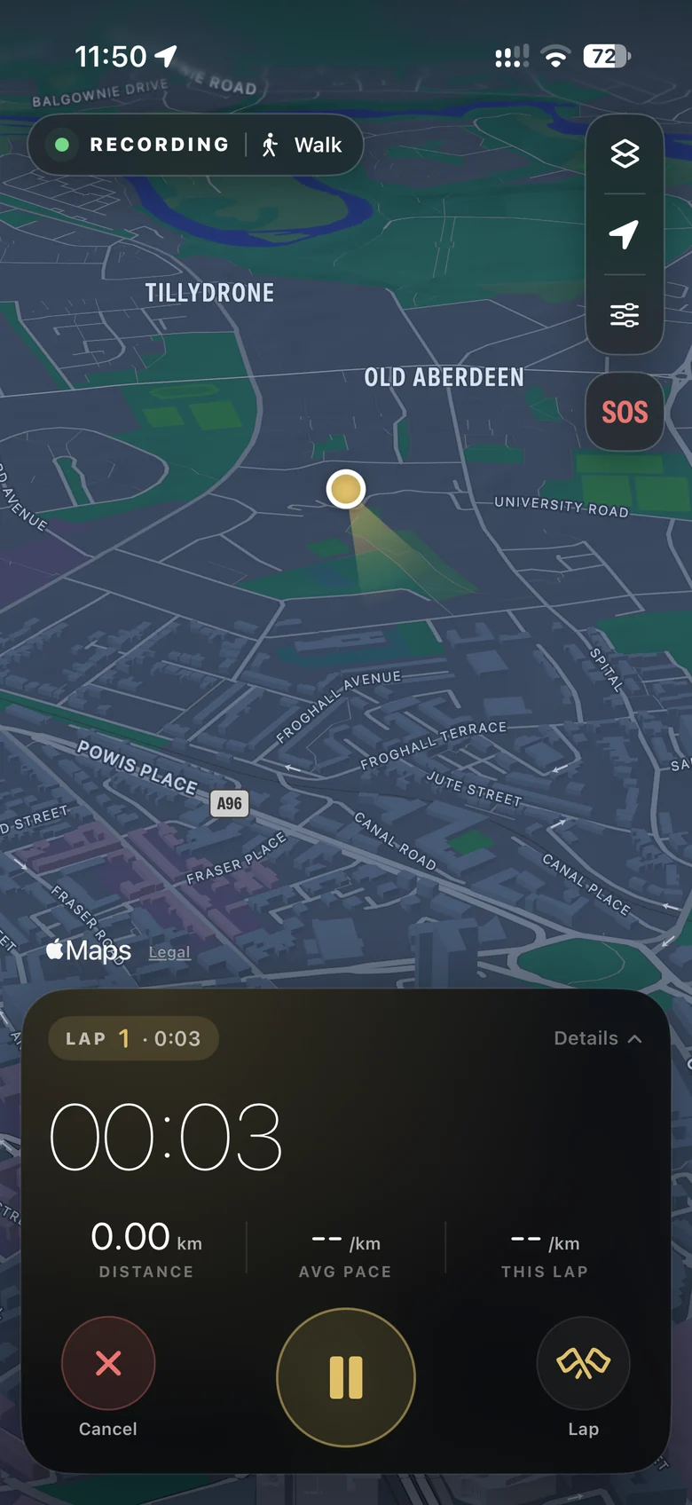 Recording a walk in Ritual on a 3D Apple Maps map with lap, time, distance and pace