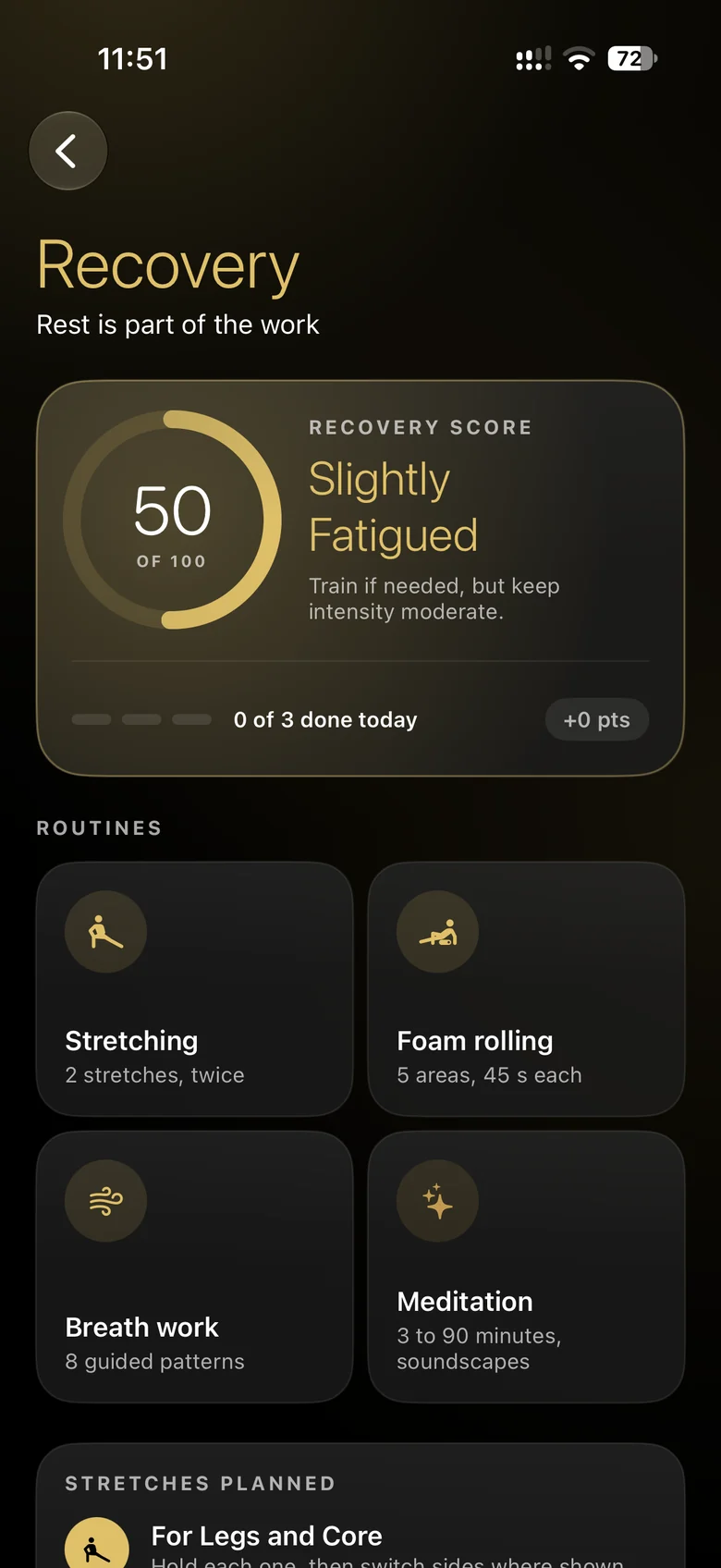 The Ritual Recovery page: score 50, Slightly Fatigued, with stretching, foam rolling, breath work and meditation