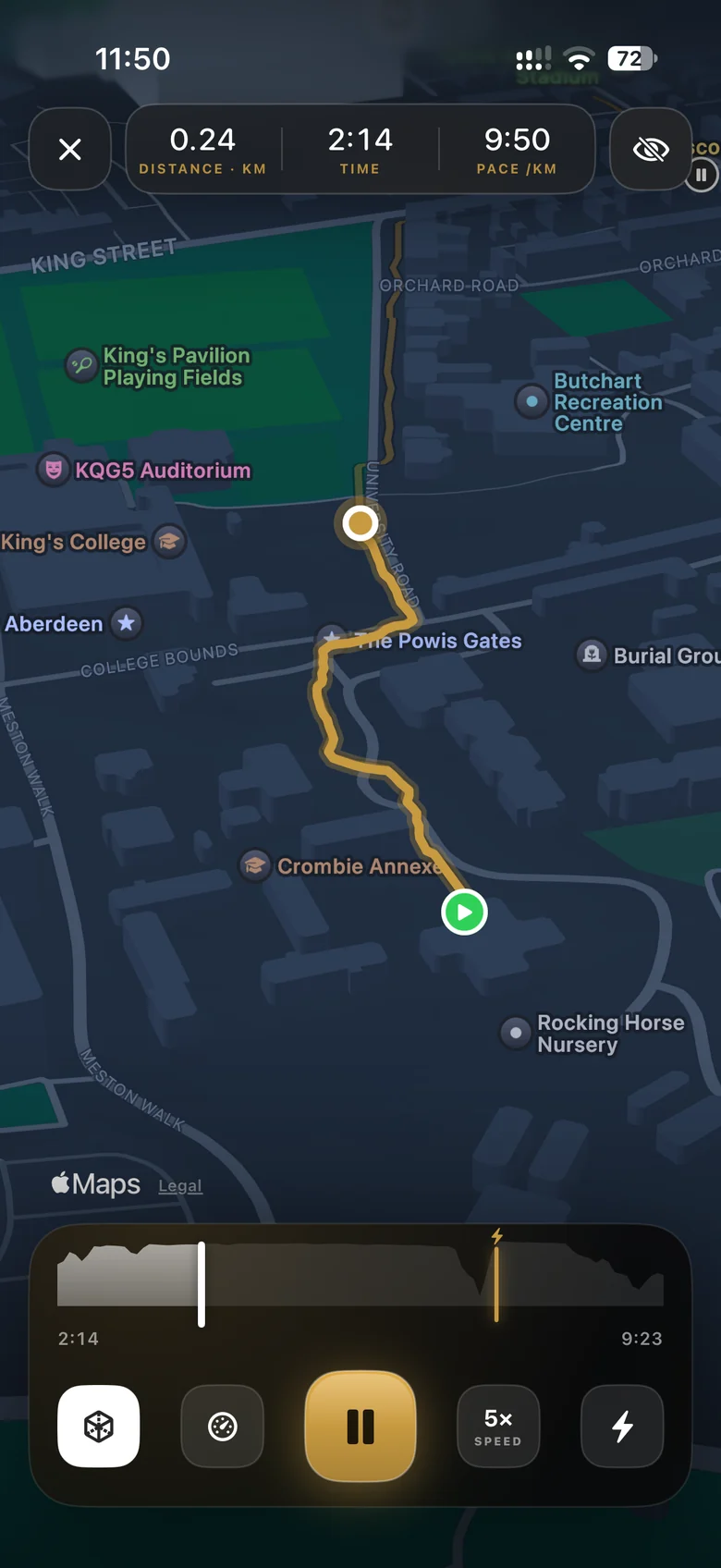 A walk replaying in 3D in Ritual, with distance, time, pace and the speed timeline