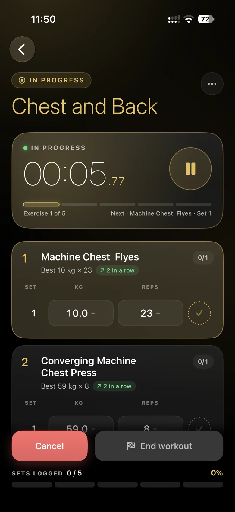 A live Chest and Back workout in Ritual with the session clock and sets to log